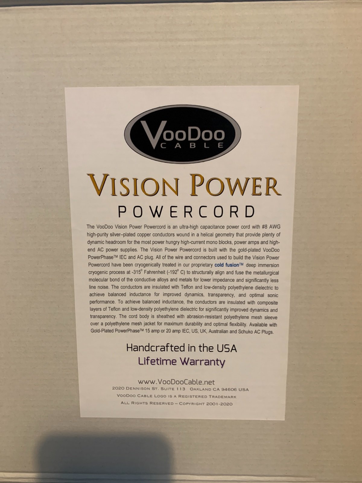 SOLD FS Voodoo Vision Power cord 5ft ﻿ HiFi and Cinema Cables