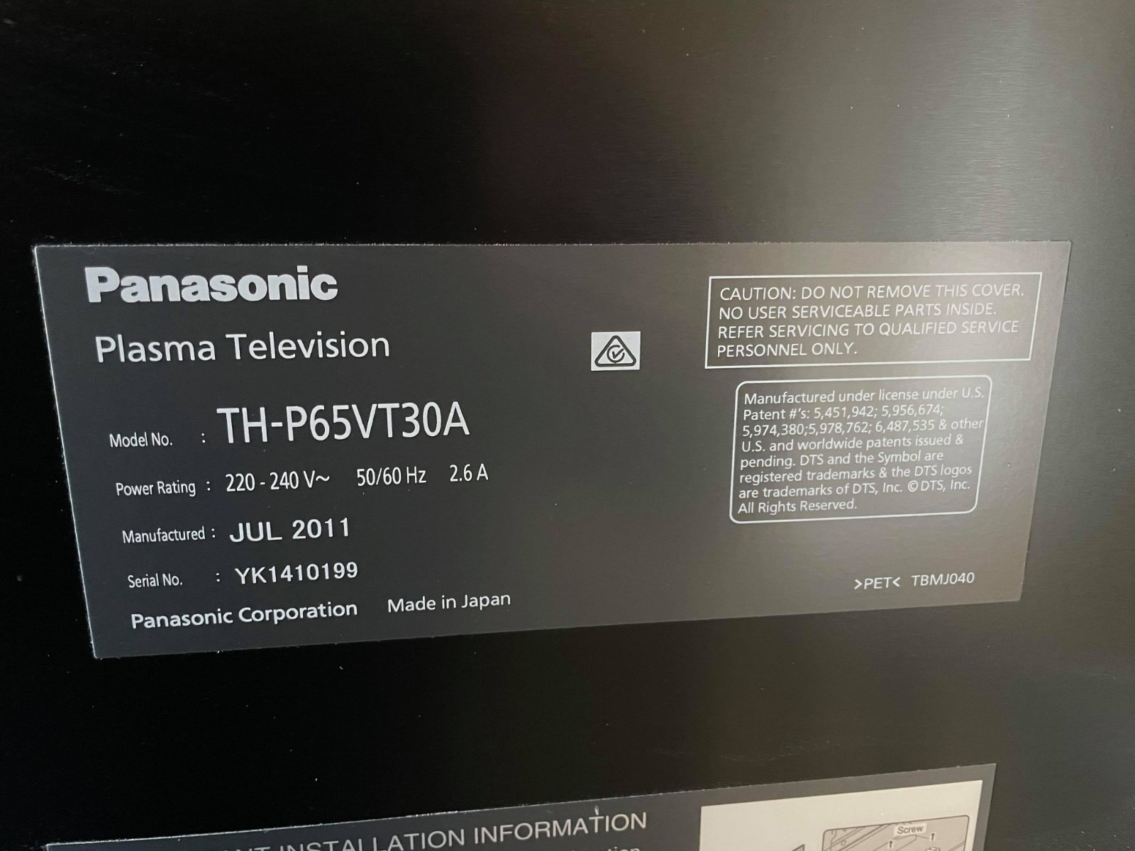 Panasonic 65" Plasma TV VIERA THP65VT30A ﻿ Stereo, Home Cinema, Headphones Components