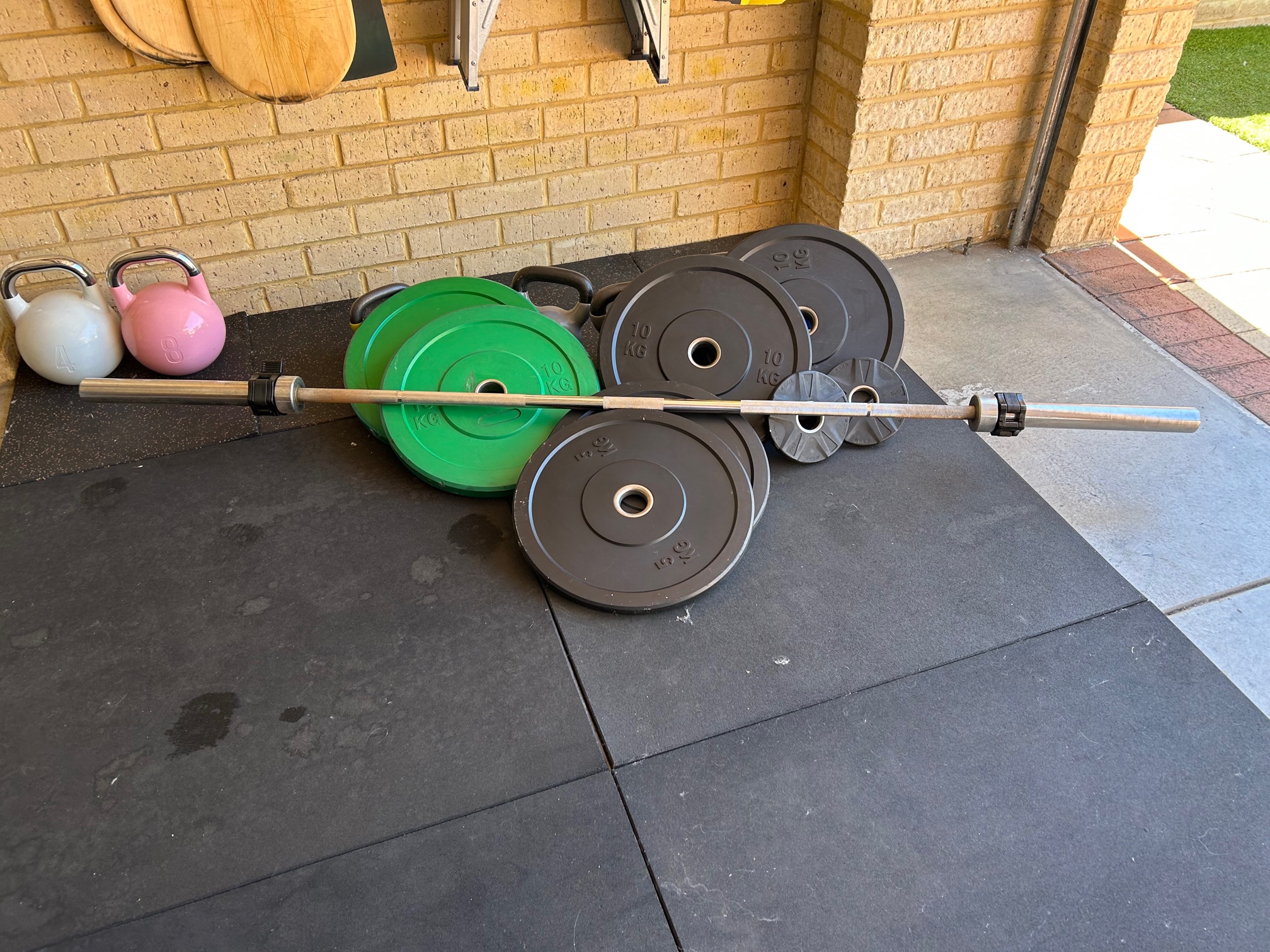 SOLD ELSEWHERE SOLD GYM EQUIPMENT BAR RUBBER BUMP PLATES RACK