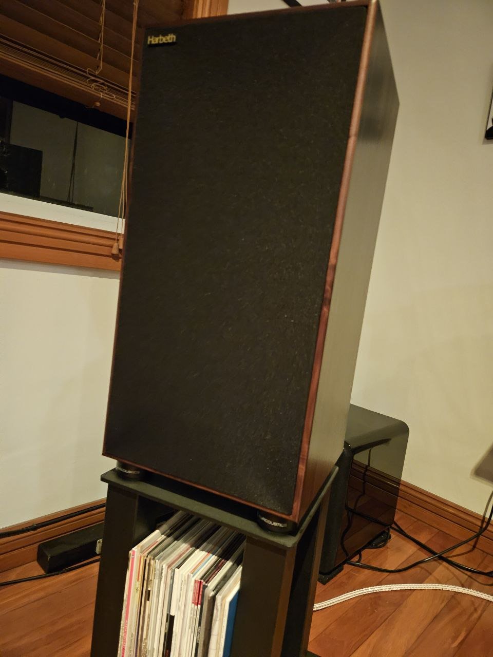Harbeth Super HL5 Plus Speakers with stands and isoacoustics