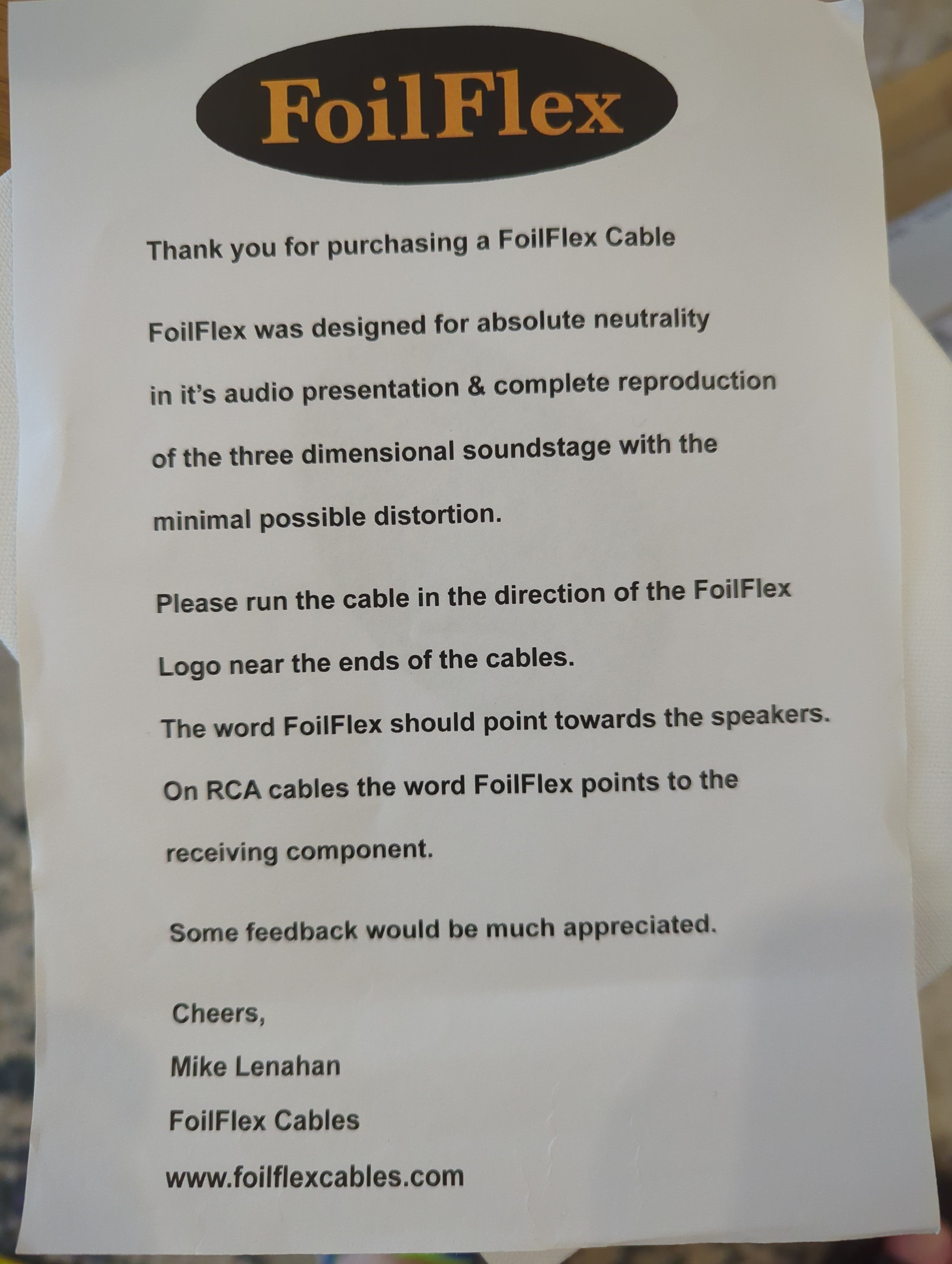 Lenehan Foilflex speakers cables 2.1m lengths ﻿ HiFi and Cinema