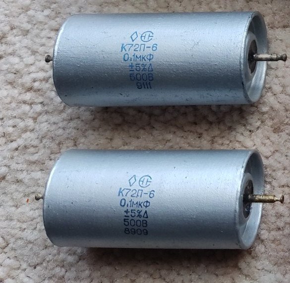 Soviet made 0.1uf 500v 5% PTFE K72P-6 capacitors x 2