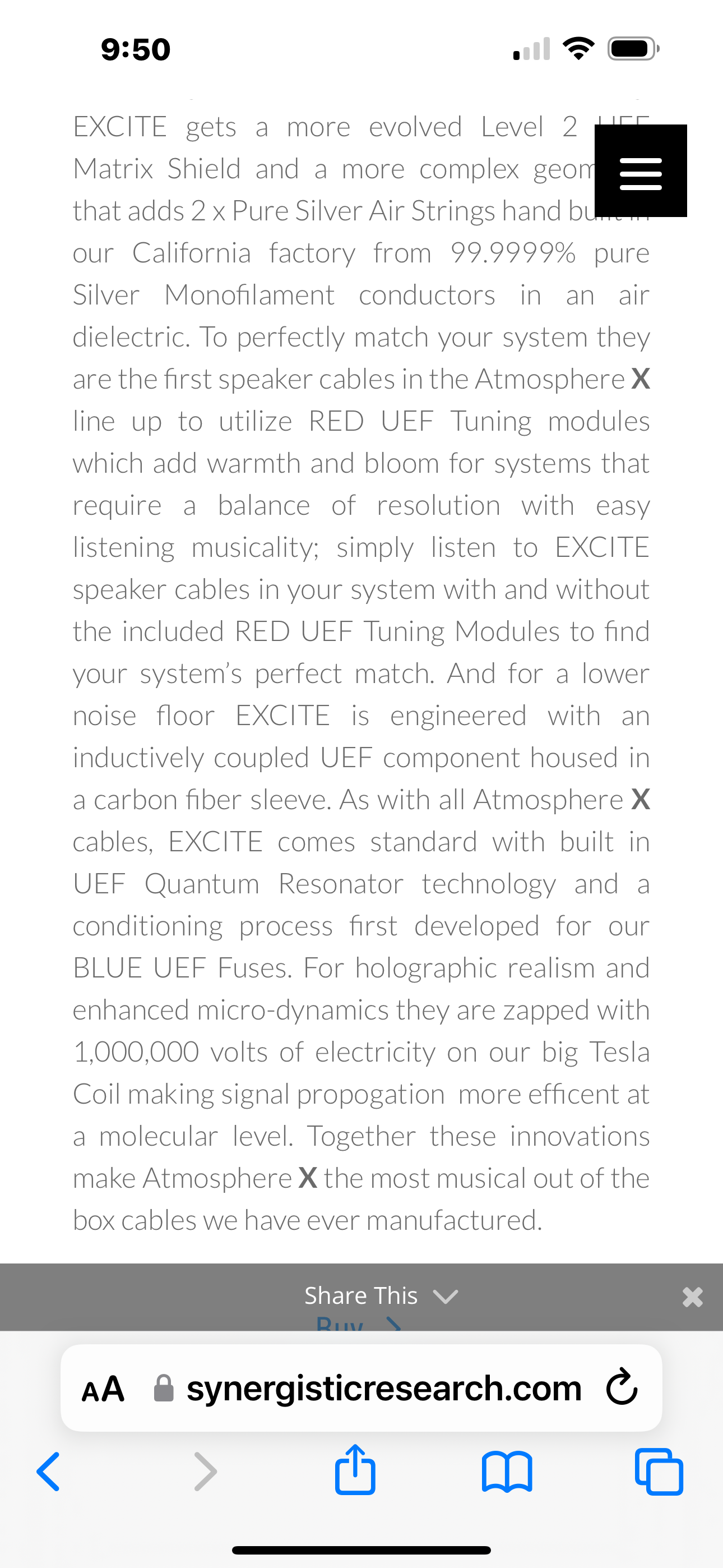 Synergistic Research 3m speaker cables/bananas
