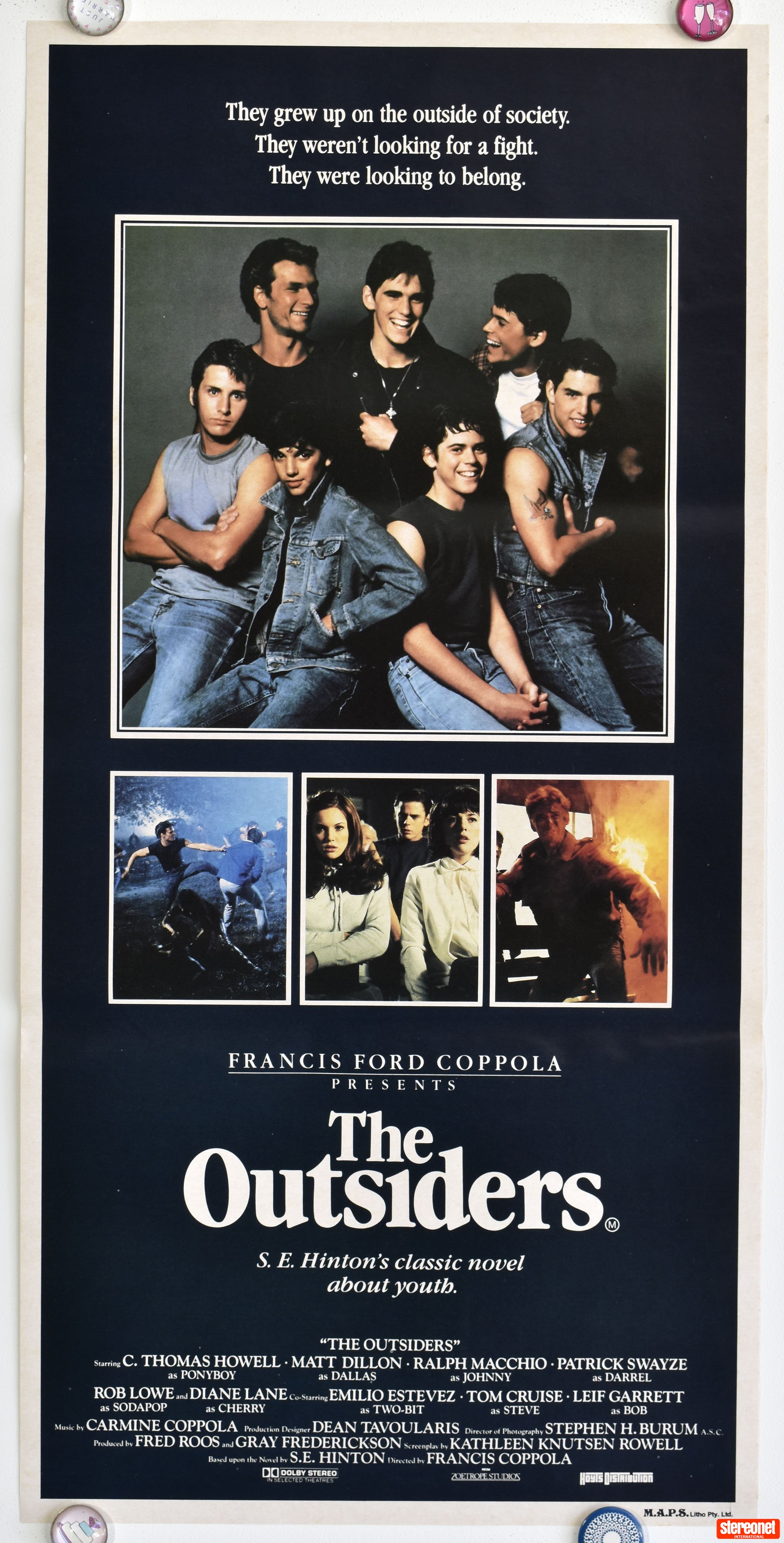 The Outsiders Original 1983 Australian daybill movie poster Swayze, Cruise, Macchio, Estevez RARE Poster